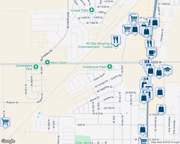 map of restaurants, bars, coffee shops, grocery stores, and more near 366 Diamant Lane in Tooele