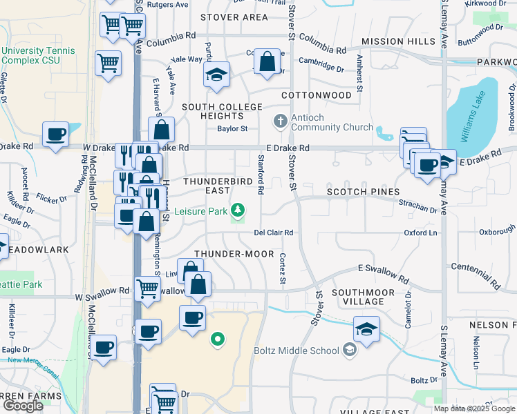 map of restaurants, bars, coffee shops, grocery stores, and more near 2725 Stanford Road in Fort Collins