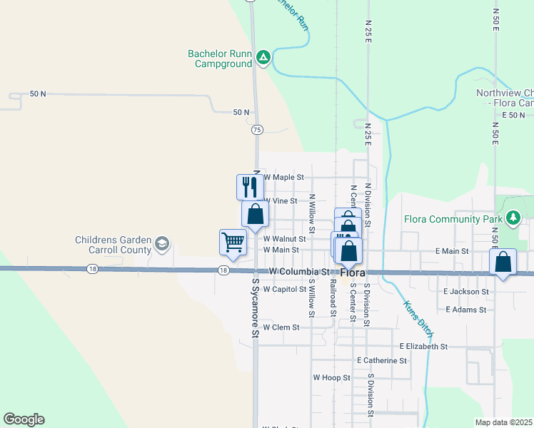 map of restaurants, bars, coffee shops, grocery stores, and more near 401-451 West Elm Street in Flora