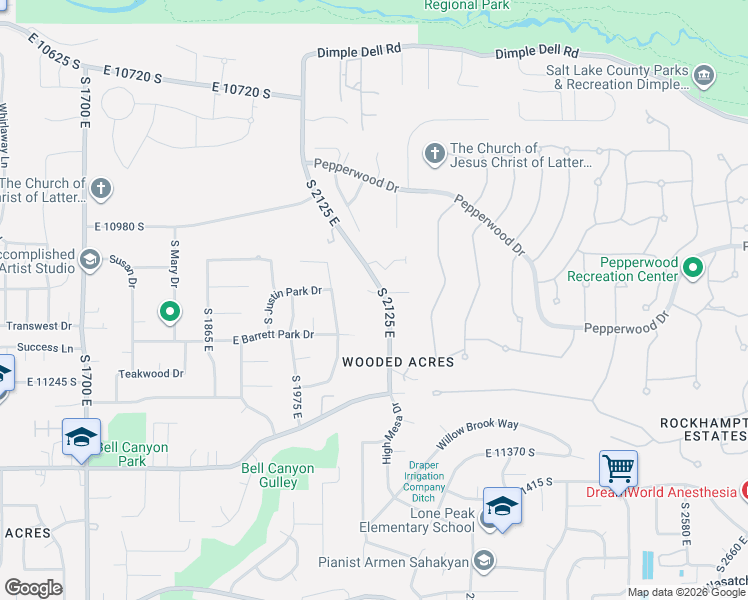 map of restaurants, bars, coffee shops, grocery stores, and more near 2104 East Pleasant Valley Court in Sandy