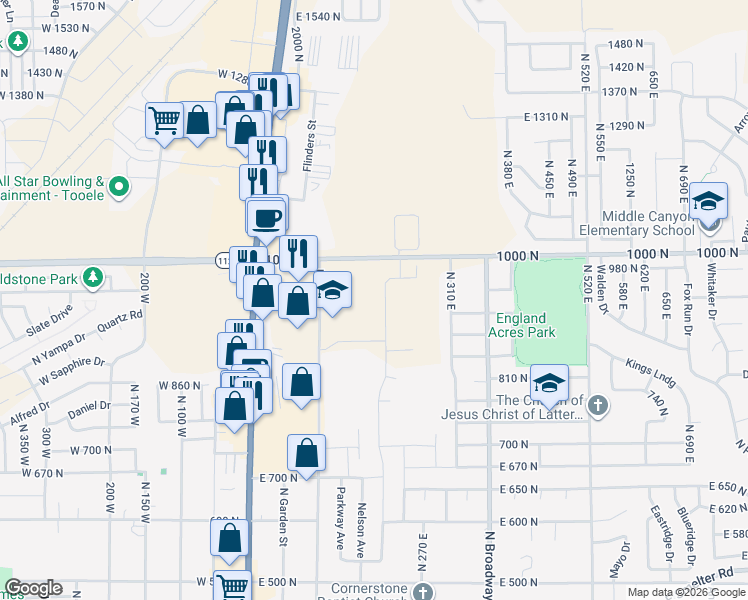 map of restaurants, bars, coffee shops, grocery stores, and more near 931 Brook Avenue East in Tooele
