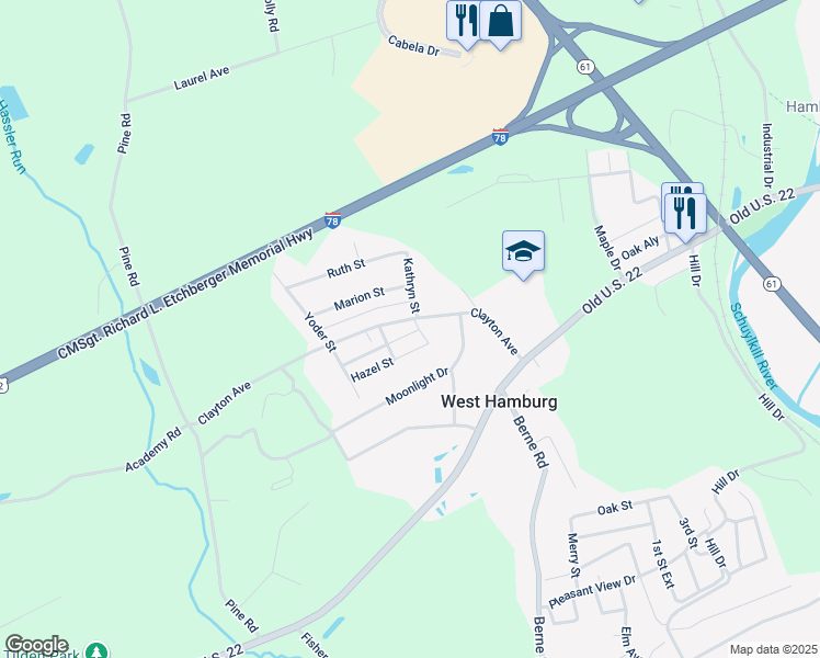map of restaurants, bars, coffee shops, grocery stores, and more near 107 Clayton Avenue in Hamburg