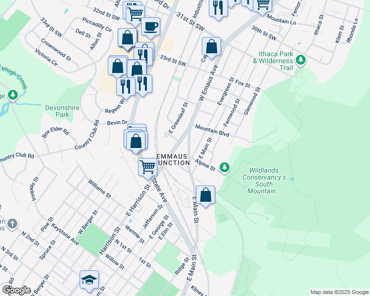 map of restaurants, bars, coffee shops, grocery stores, and more near 519 Dalton Street in Emmaus