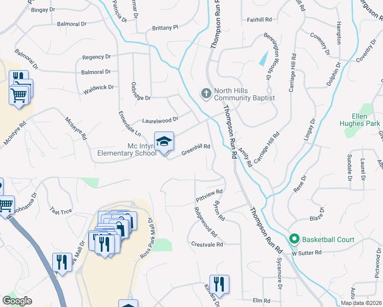 map of restaurants, bars, coffee shops, grocery stores, and more near 115 Greenhill Road in Pittsburgh