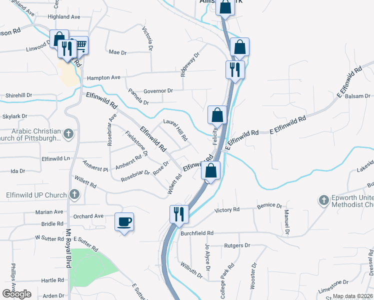 map of restaurants, bars, coffee shops, grocery stores, and more near 3728 Holly Springs Drive in Allegheny County