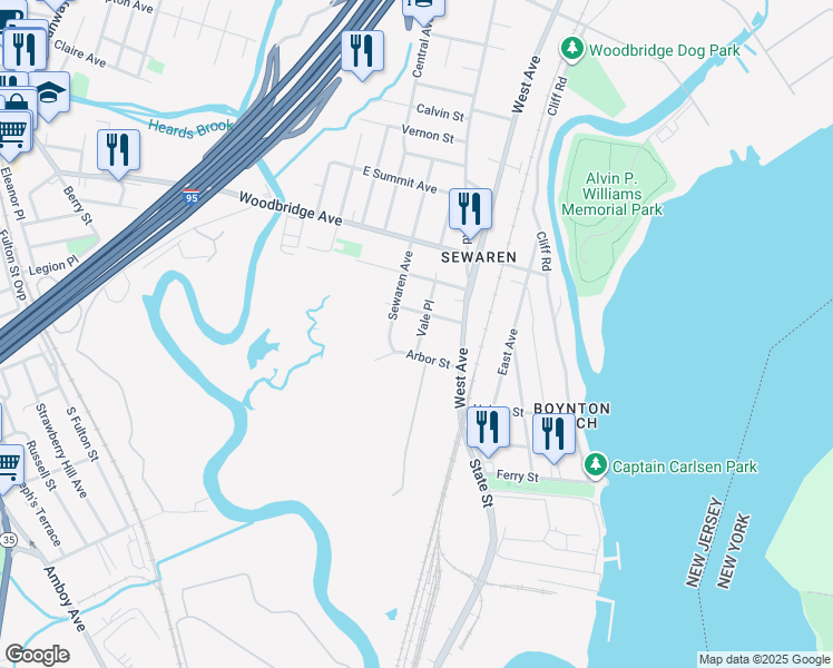 map of restaurants, bars, coffee shops, grocery stores, and more near 42 Vale Place in Woodbridge Township