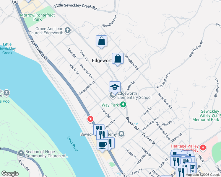 map of restaurants, bars, coffee shops, grocery stores, and more near 415 1/2 Chestnut Road in Sewickley