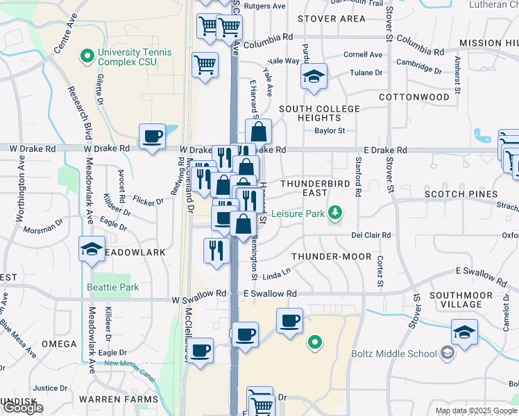 map of restaurants, bars, coffee shops, grocery stores, and more near 2712 Harvard Street in Fort Collins