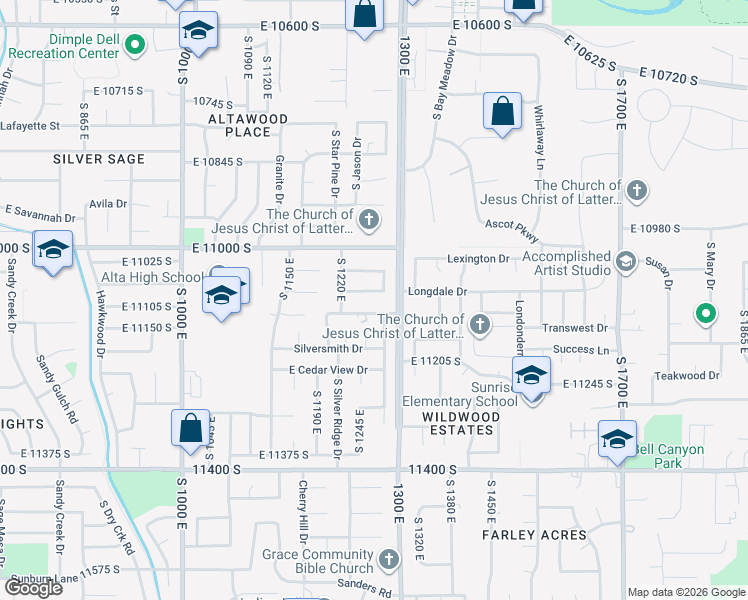 map of restaurants, bars, coffee shops, grocery stores, and more near 1247 Alta Heights Drive in Sandy