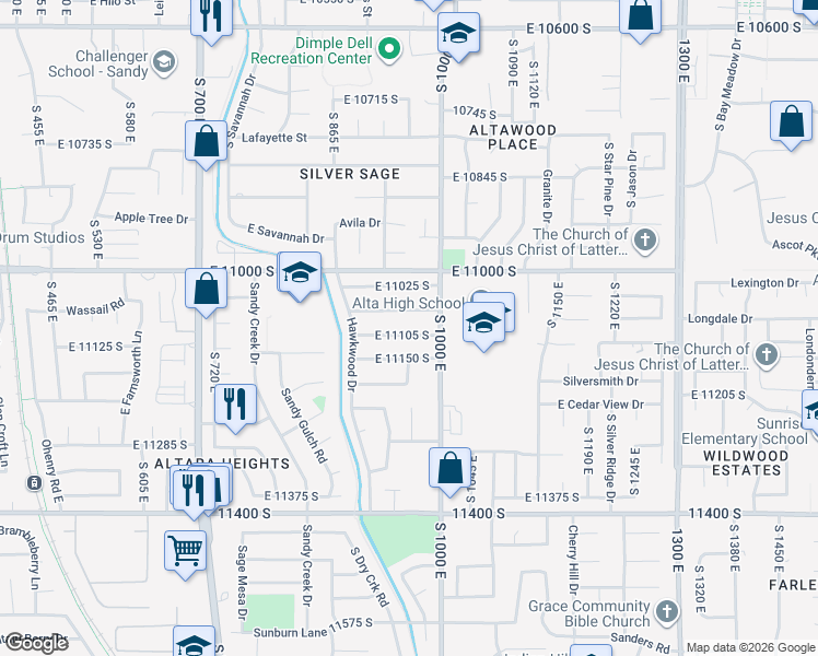 map of restaurants, bars, coffee shops, grocery stores, and more near 956 East 11105 South in Sandy