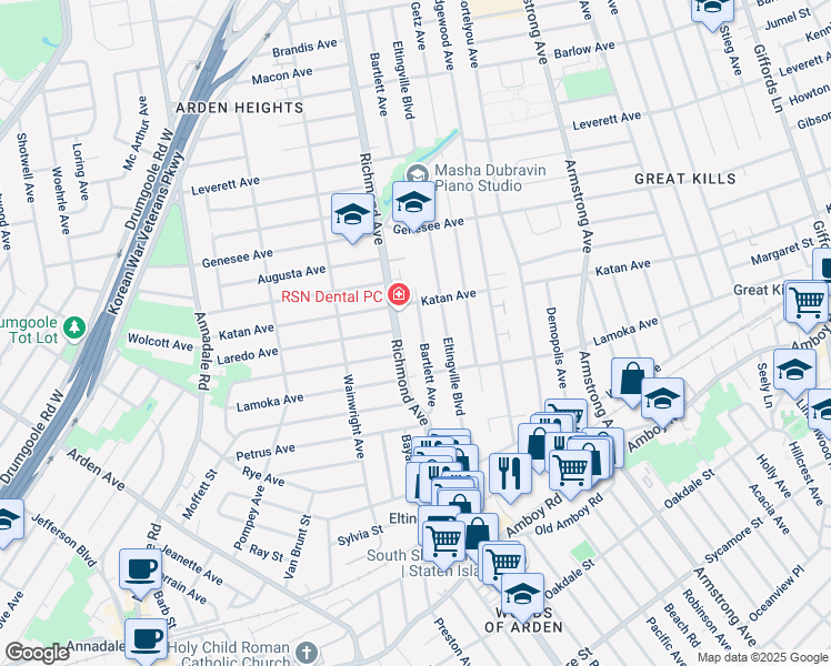 map of restaurants, bars, coffee shops, grocery stores, and more near 71 Bartlett Avenue in Staten Island