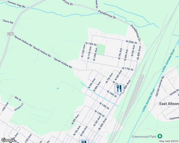 map of restaurants, bars, coffee shops, grocery stores, and more near N 10th Ave in Altoona