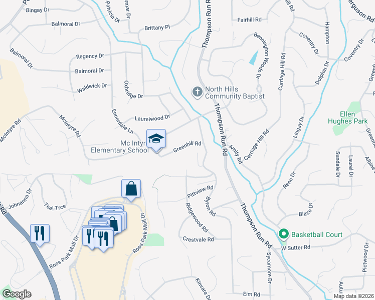 map of restaurants, bars, coffee shops, grocery stores, and more near 115 Greenhill Road in Pittsburgh