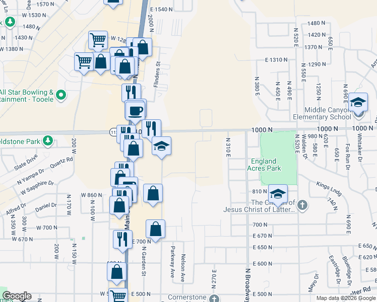 map of restaurants, bars, coffee shops, grocery stores, and more near 931 Brook Avenue East in Tooele