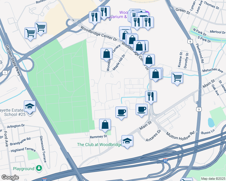 map of restaurants, bars, coffee shops, grocery stores, and more near 18 Bell Avenue in Woodbridge Township