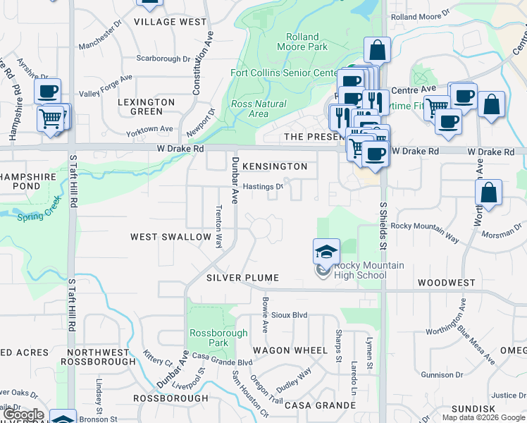 map of restaurants, bars, coffee shops, grocery stores, and more near 2828 Silverplume Drive in Fort Collins