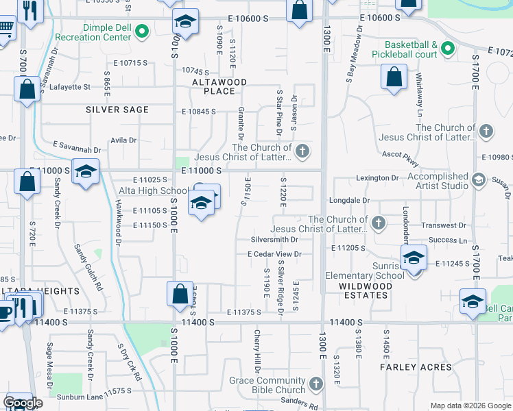 map of restaurants, bars, coffee shops, grocery stores, and more near 1155 Silver Mesa Circle in Sandy