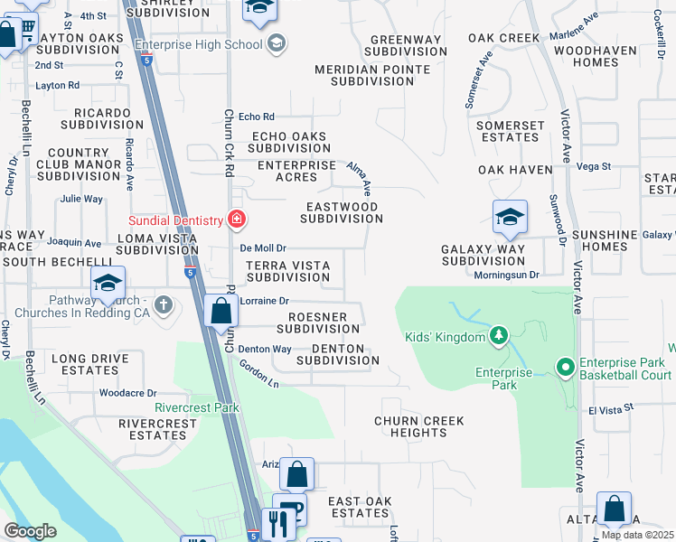 map of restaurants, bars, coffee shops, grocery stores, and more near 3952 Roesner Avenue in Redding