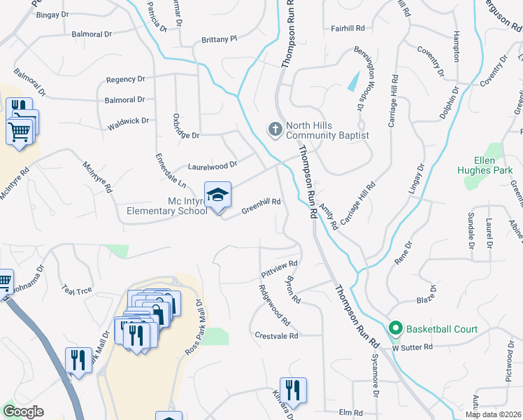 map of restaurants, bars, coffee shops, grocery stores, and more near 115 Greenhill Road in Pittsburgh