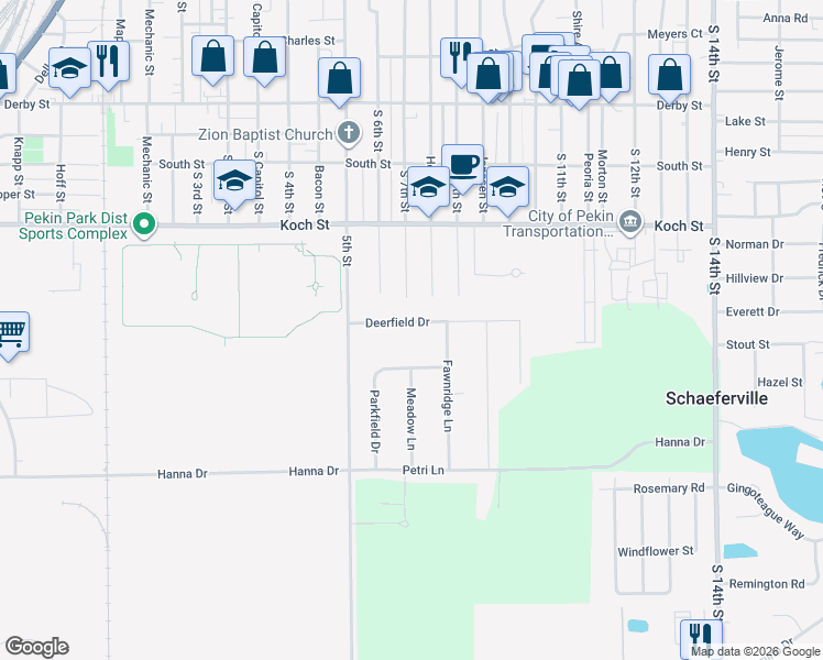map of restaurants, bars, coffee shops, grocery stores, and more near 700 Deerfield Drive in Pekin