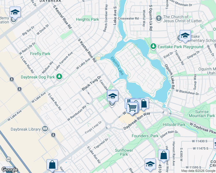map of restaurants, bars, coffee shops, grocery stores, and more near 11089 Cascabel Drive in South Jordan