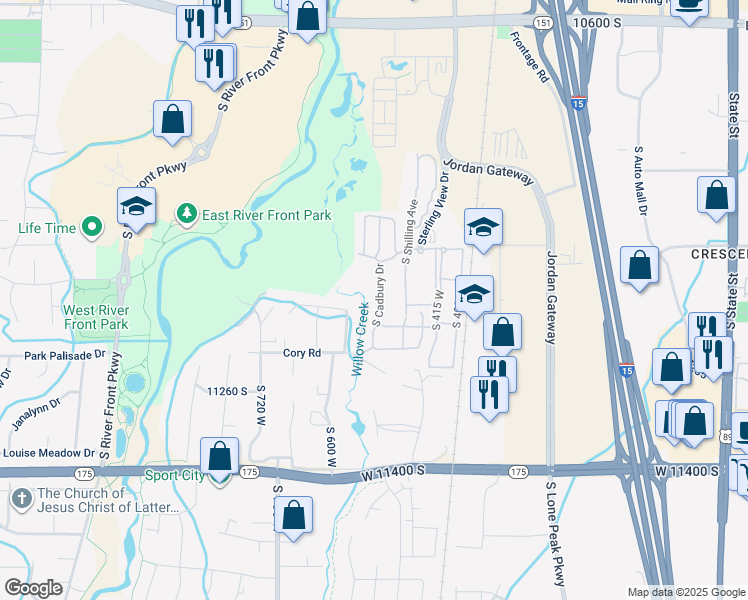 map of restaurants, bars, coffee shops, grocery stores, and more near 11096 South Cadbury Drive in South Jordan