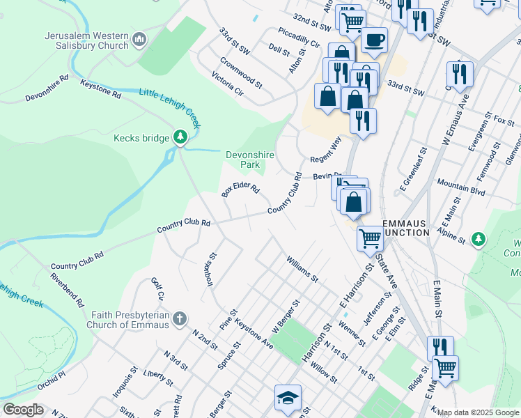 map of restaurants, bars, coffee shops, grocery stores, and more near 3605 Country Club Road in Allentown