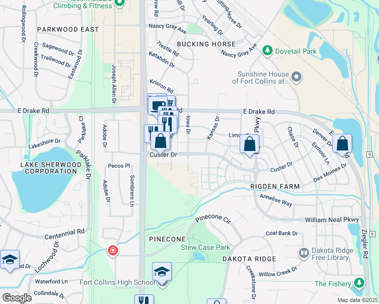 map of restaurants, bars, coffee shops, grocery stores, and more near 2758 Iowa Drive in Fort Collins