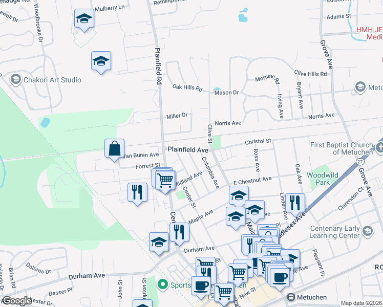 map of restaurants, bars, coffee shops, grocery stores, and more near 115 Harvard Avenue in Metuchen
