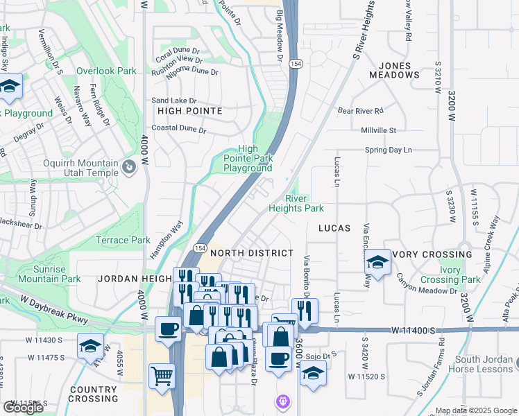 map of restaurants, bars, coffee shops, grocery stores, and more near 11100 River Heights Drive in South Jordan