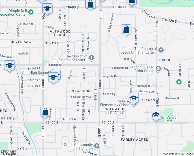 map of restaurants, bars, coffee shops, grocery stores, and more near 11081 South 1280 East in Sandy