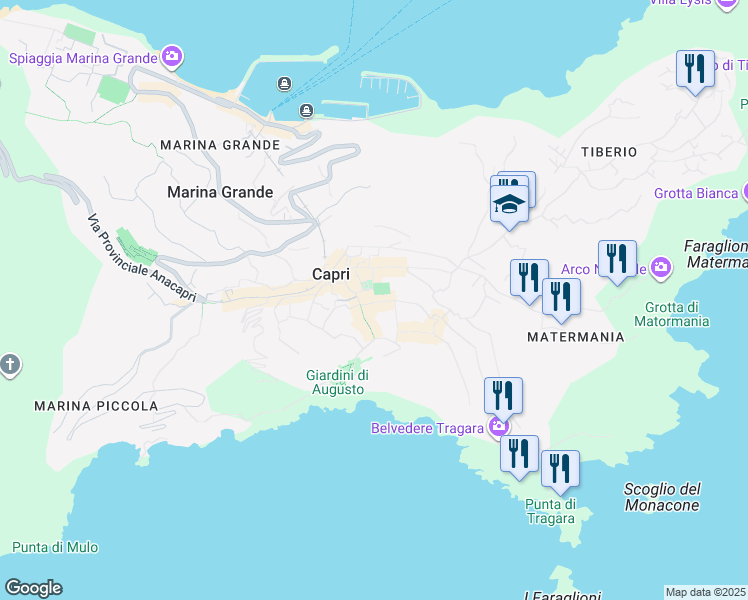 map of restaurants, bars, coffee shops, grocery stores, and more near 19 Via Camerelle in Capri