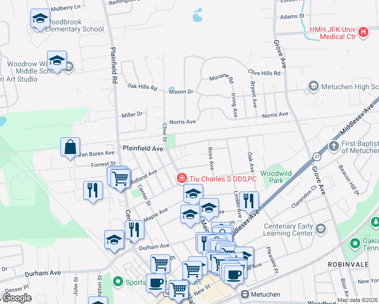 map of restaurants, bars, coffee shops, grocery stores, and more near 24 Victory Court in Metuchen