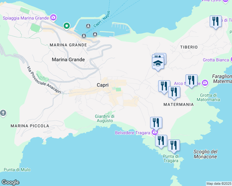 map of restaurants, bars, coffee shops, grocery stores, and more near 19 Via Camerelle in Capri