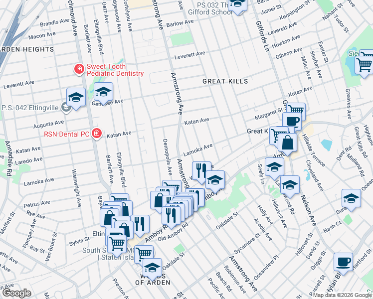 map of restaurants, bars, coffee shops, grocery stores, and more near 61 Escanaba Avenue in Staten Island