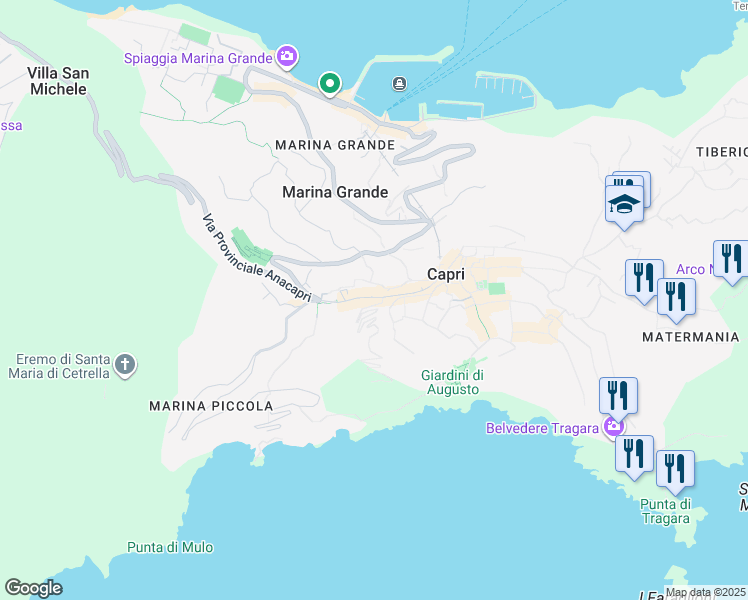 map of restaurants, bars, coffee shops, grocery stores, and more near 71 Via Roma in Capri