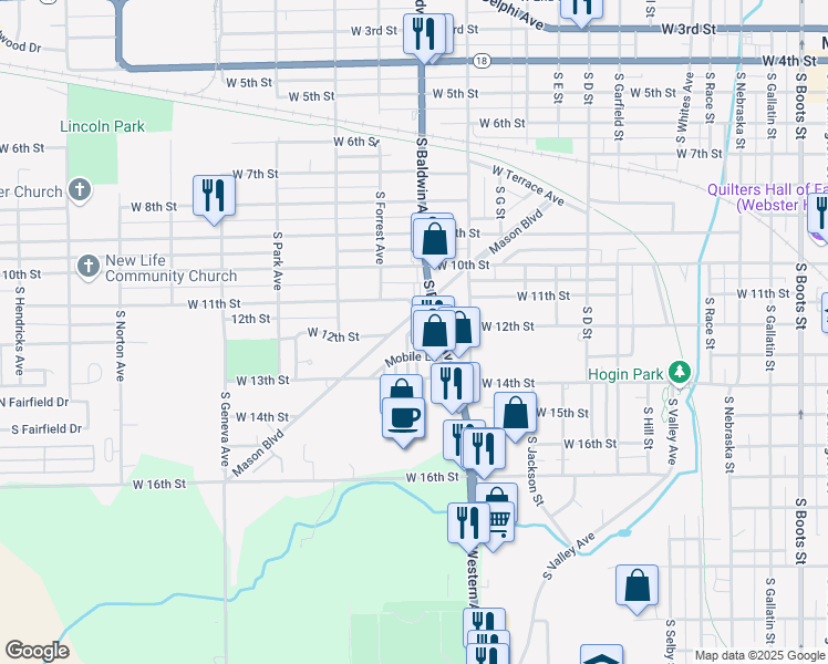 map of restaurants, bars, coffee shops, grocery stores, and more near 1100 South Baldwin Avenue in Marion
