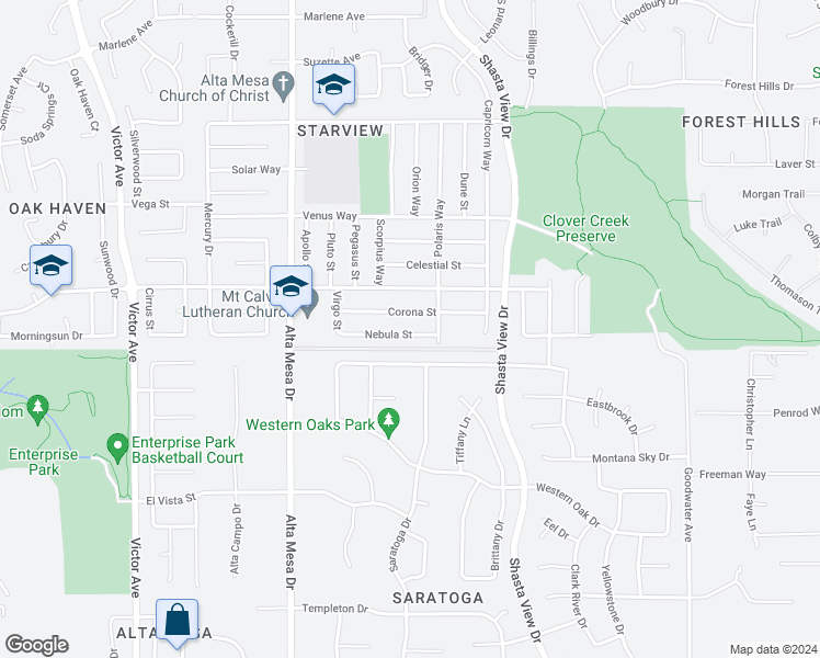 map of restaurants, bars, coffee shops, grocery stores, and more near 2418 Nebula Street in Redding