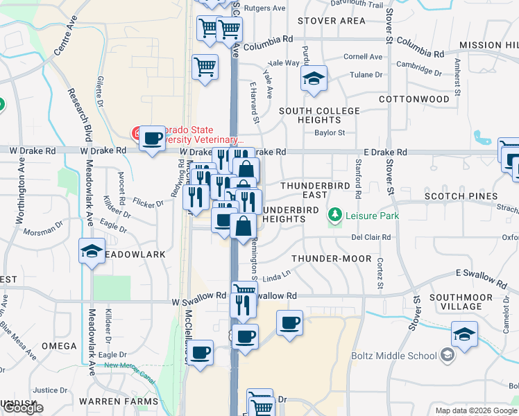 map of restaurants, bars, coffee shops, grocery stores, and more near 2712 Harvard Street in Fort Collins