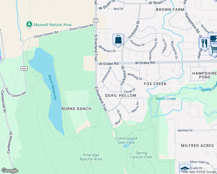 map of restaurants, bars, coffee shops, grocery stores, and more near 2934 Zendt Drive in Fort Collins