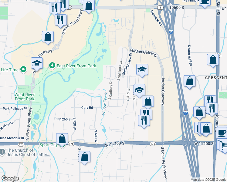 map of restaurants, bars, coffee shops, grocery stores, and more near 11112 Cadbury Drive in South Jordan