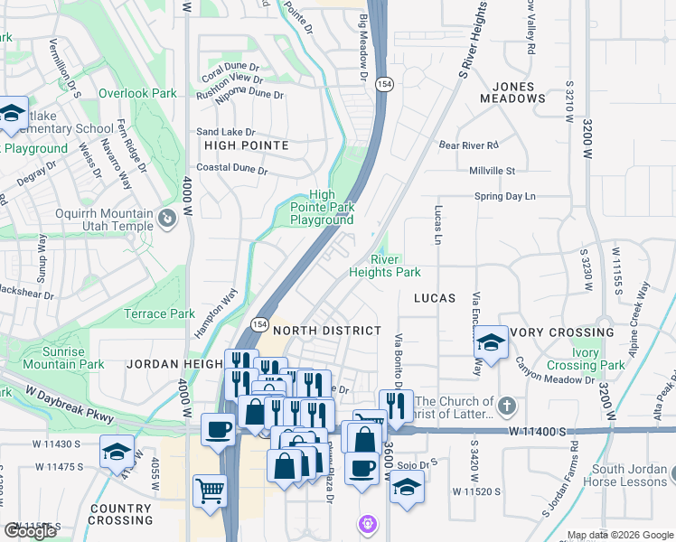 map of restaurants, bars, coffee shops, grocery stores, and more near 11100 River Heights Drive in South Jordan