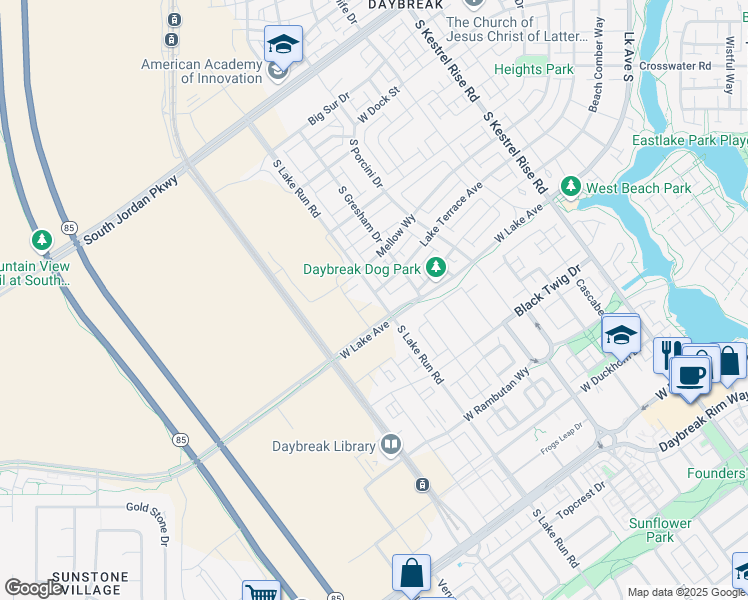 map of restaurants, bars, coffee shops, grocery stores, and more near West Porcini Drive in South Jordan