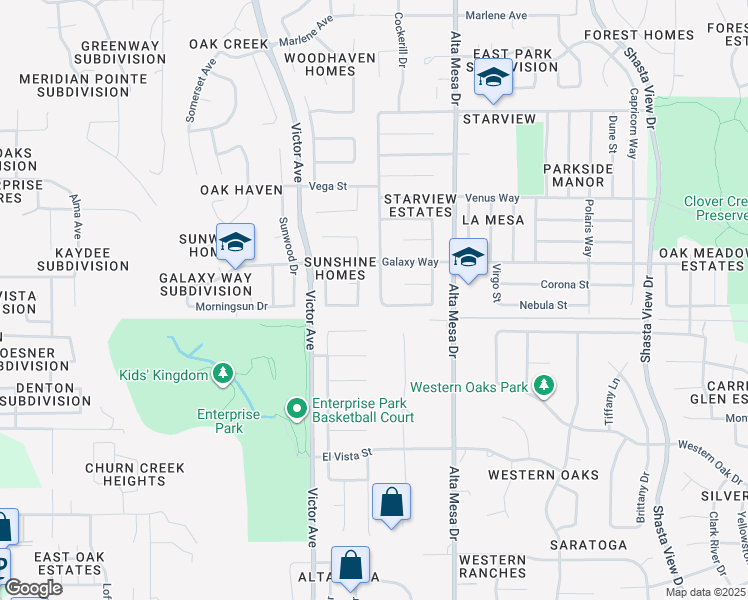 map of restaurants, bars, coffee shops, grocery stores, and more near 3993 Cirrus Street in Redding