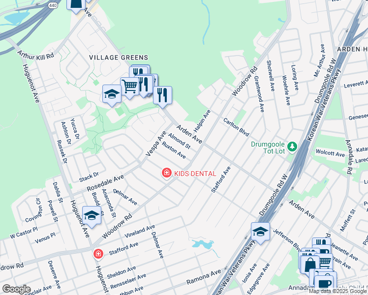 map of restaurants, bars, coffee shops, grocery stores, and more near 50 Ruxton Avenue in Staten Island