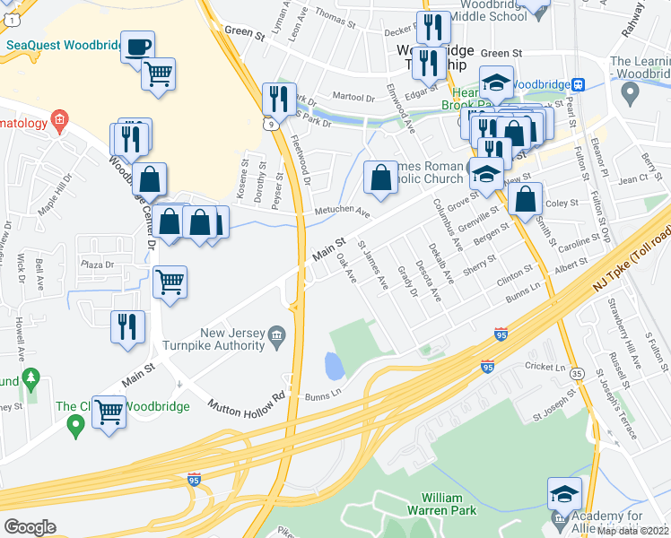 map of restaurants, bars, coffee shops, grocery stores, and more near 340 Oak Avenue in Woodbridge Township