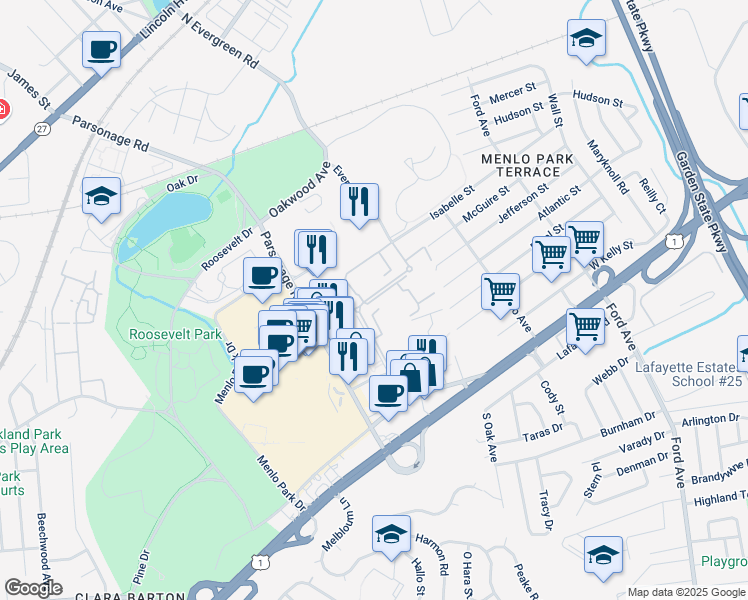 map of restaurants, bars, coffee shops, grocery stores, and more near 32 Judson Street in Edison
