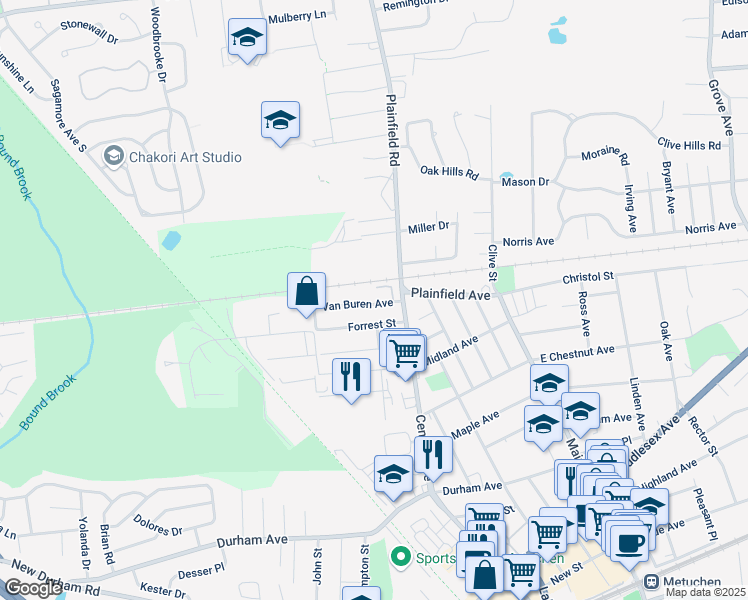 map of restaurants, bars, coffee shops, grocery stores, and more near 12 Van Buren Avenue in Metuchen