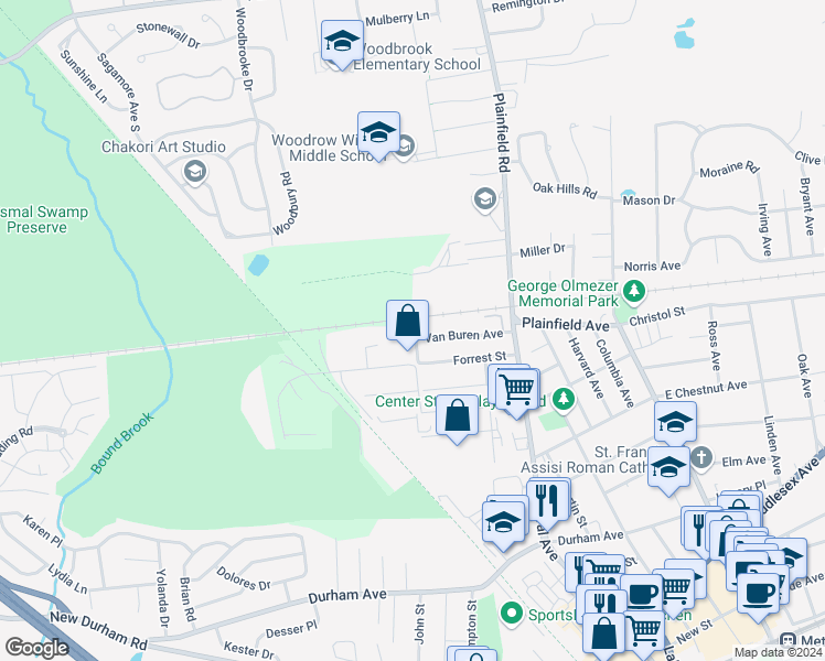 map of restaurants, bars, coffee shops, grocery stores, and more near 82 Van Buren Avenue in Metuchen