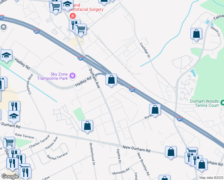 map of restaurants, bars, coffee shops, grocery stores, and more near 977-999 Durham Avenue in South Plainfield